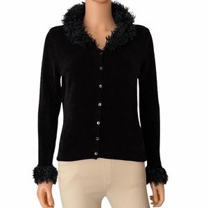 Vintage Lord and Taylor black chenille knit fringe button cardigan